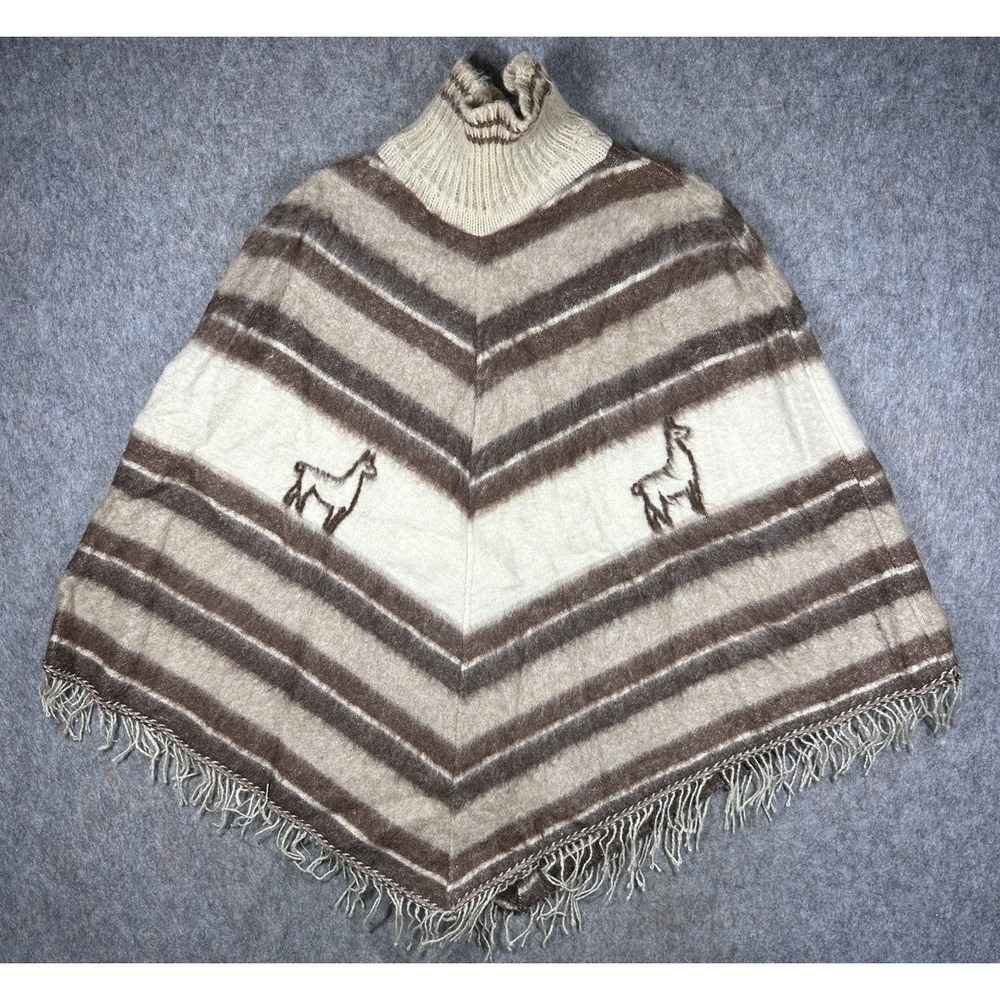 Vintage Poncho Quiaqueno Size 3 Alpaca Llama Merino Wool Fringe Argentina